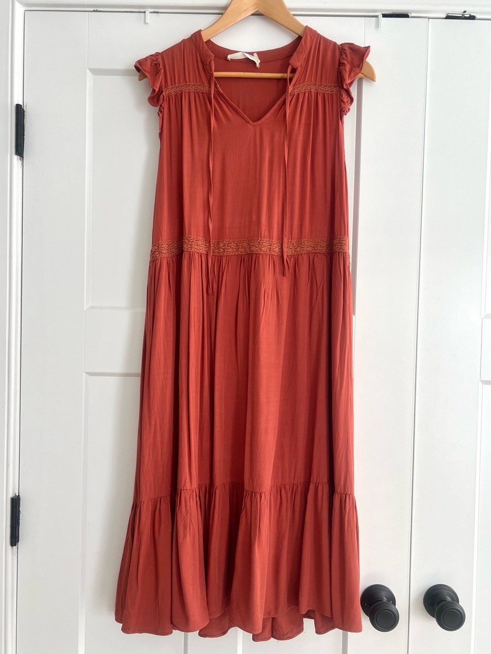 Mustard Seed Midi Dress Size S Rust Orange Tiered Boho Crochet Lace